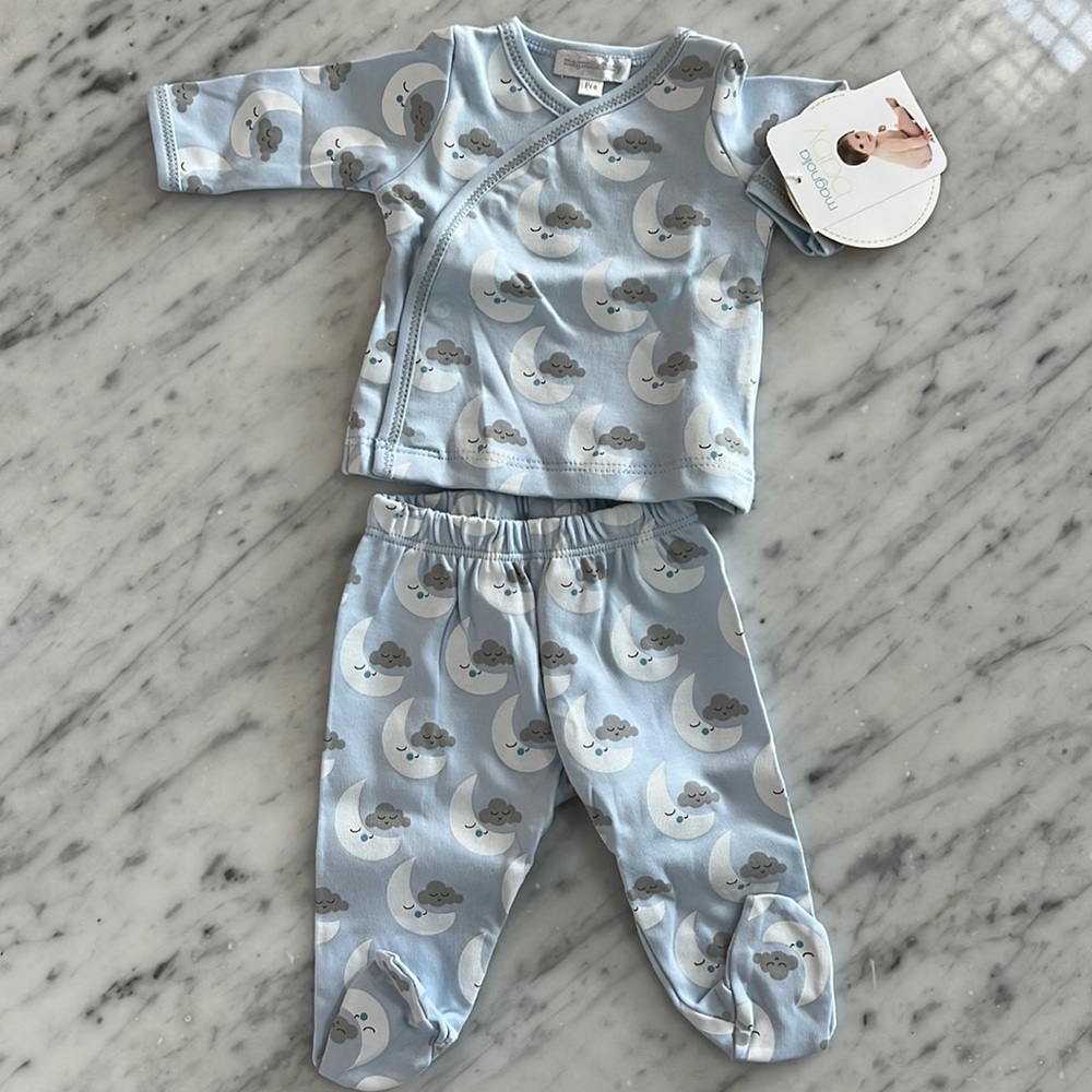 New Magnolia Baby Blue Moon Kimono Top and Footed Pant Set Pima Cotton Infants